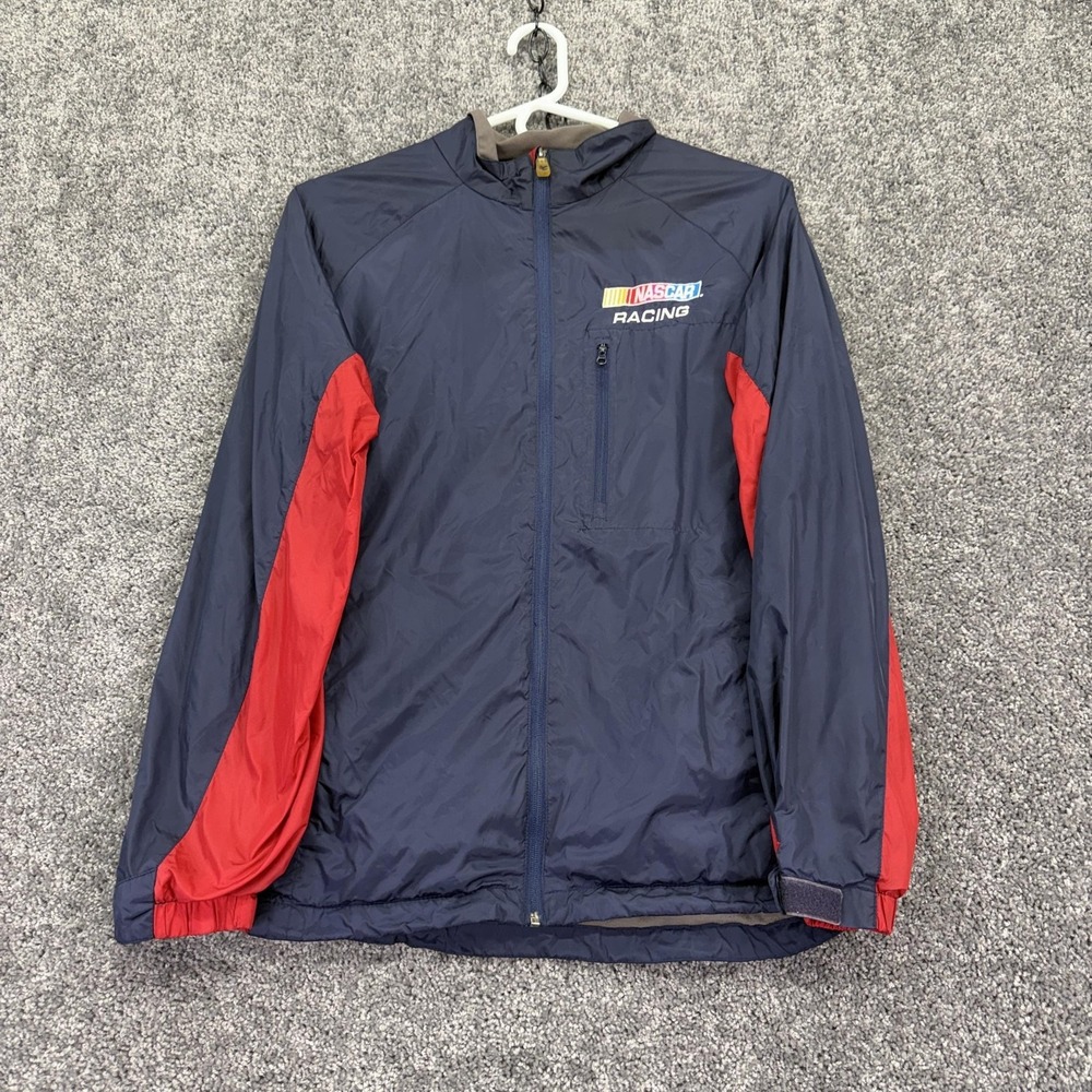 NASCAR Jacket Mens XL Blue Red Auto Racing Chase Authentics Hooded Windbreaker